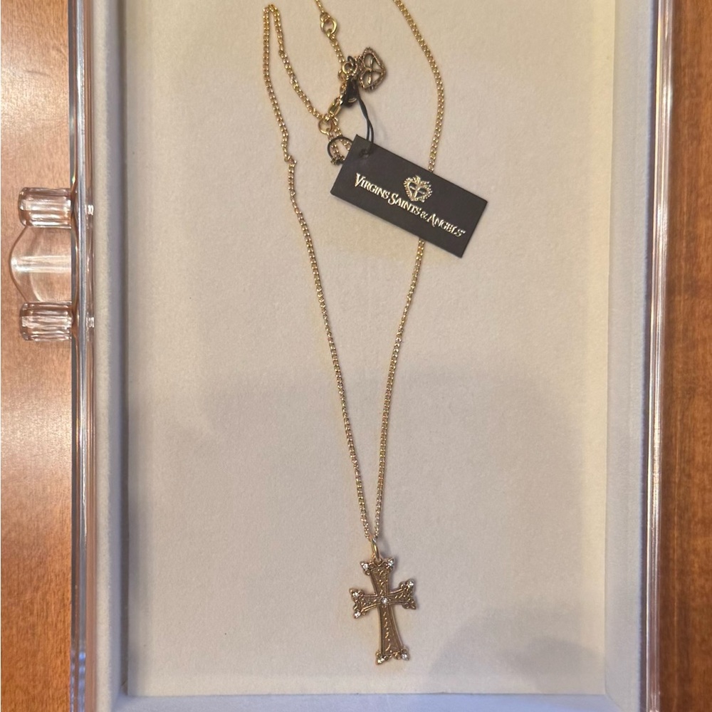 VIRGINS SAINTS & ANGELS VSA Retablo Cross Charm Gold Necklace 18” Chain NWT